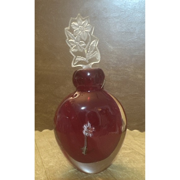 Other - Vintage Cherry Ruby Red Art Glass Perfume Bottle w/ Flowers & Stopper